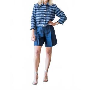 NEW L'AGENCE jia crop jacket in blue multi stripe tweed
